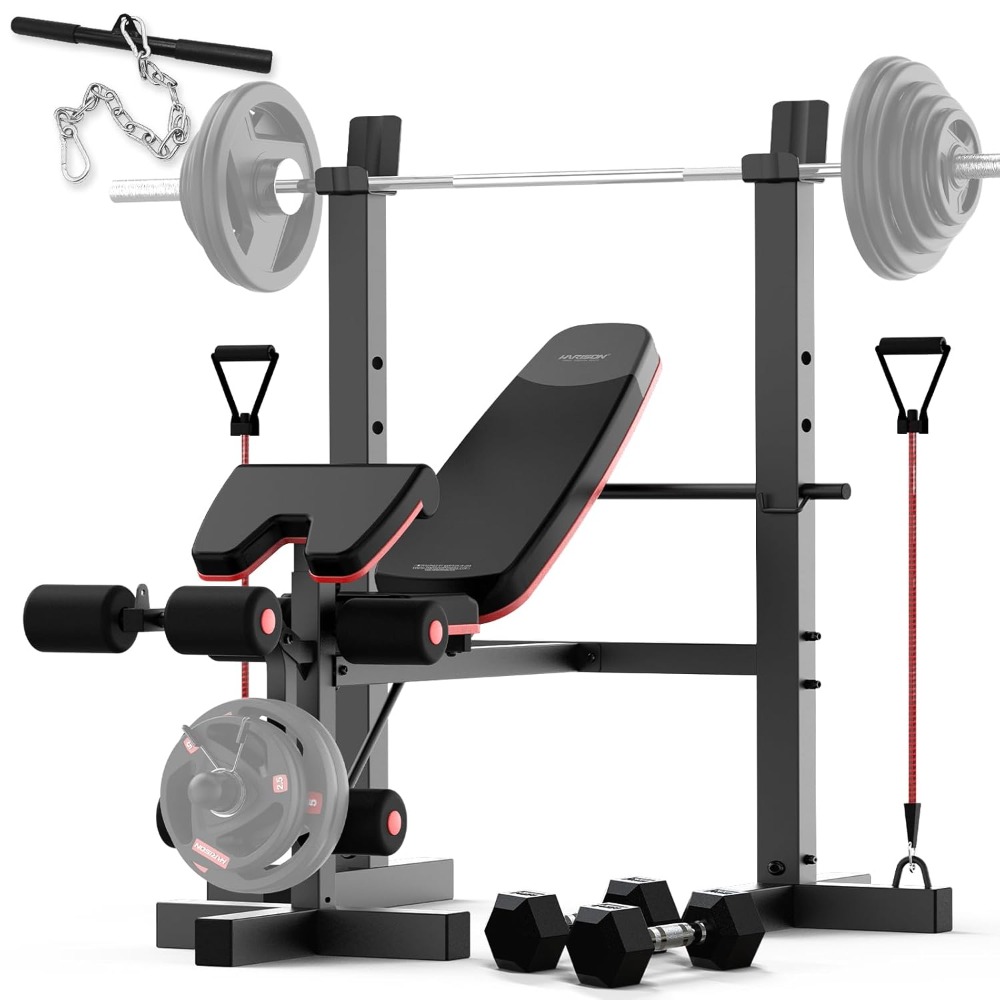 Barbell Curl Bar - 660lb Weight Bench Set with Leg